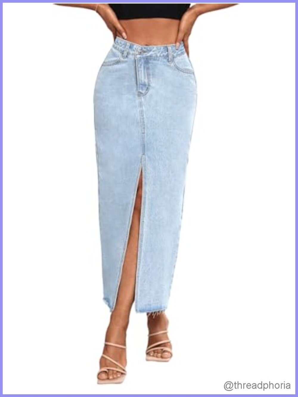 High Waist Stretch Maxi Denim Skirt Front Split Frayed Raw Hem A Line Casual